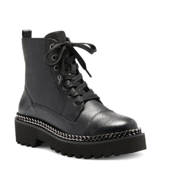 Vince Camuto Women's Mindinta Black Chain Trim Lug Bottom Combat Boot - Picture 3 of 8